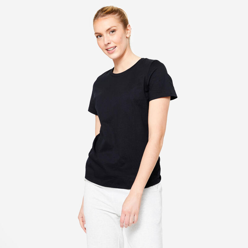 T-shirt nera donna palestra 500 ESSENTIALS regular fit 100% cotone