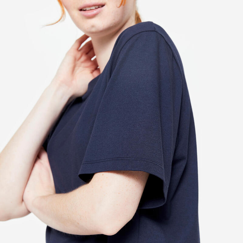 T-shirt donna palestra cropped misto cotone blu