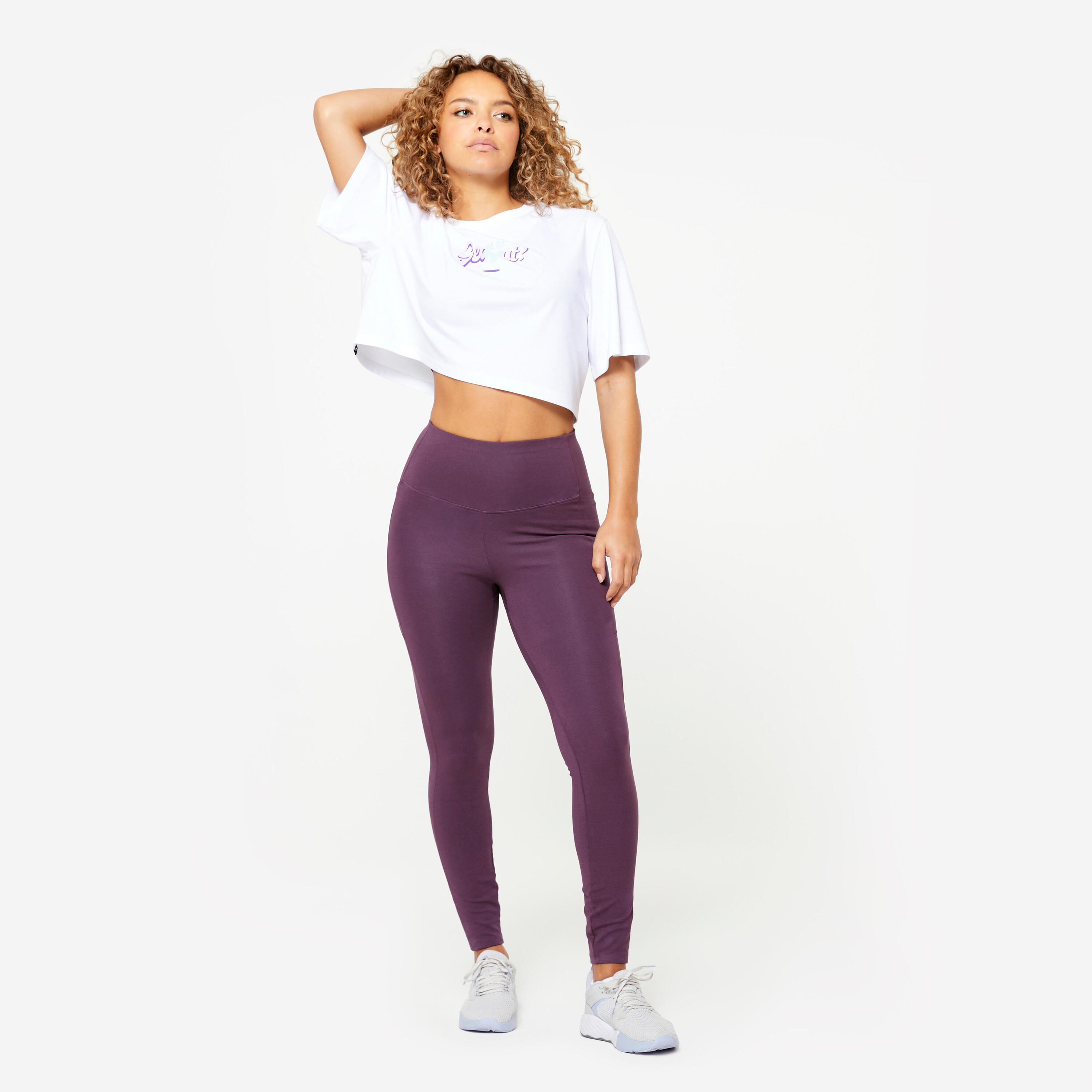 Leggings donna palestra modellanti traspiranti vita alta viola 2/7