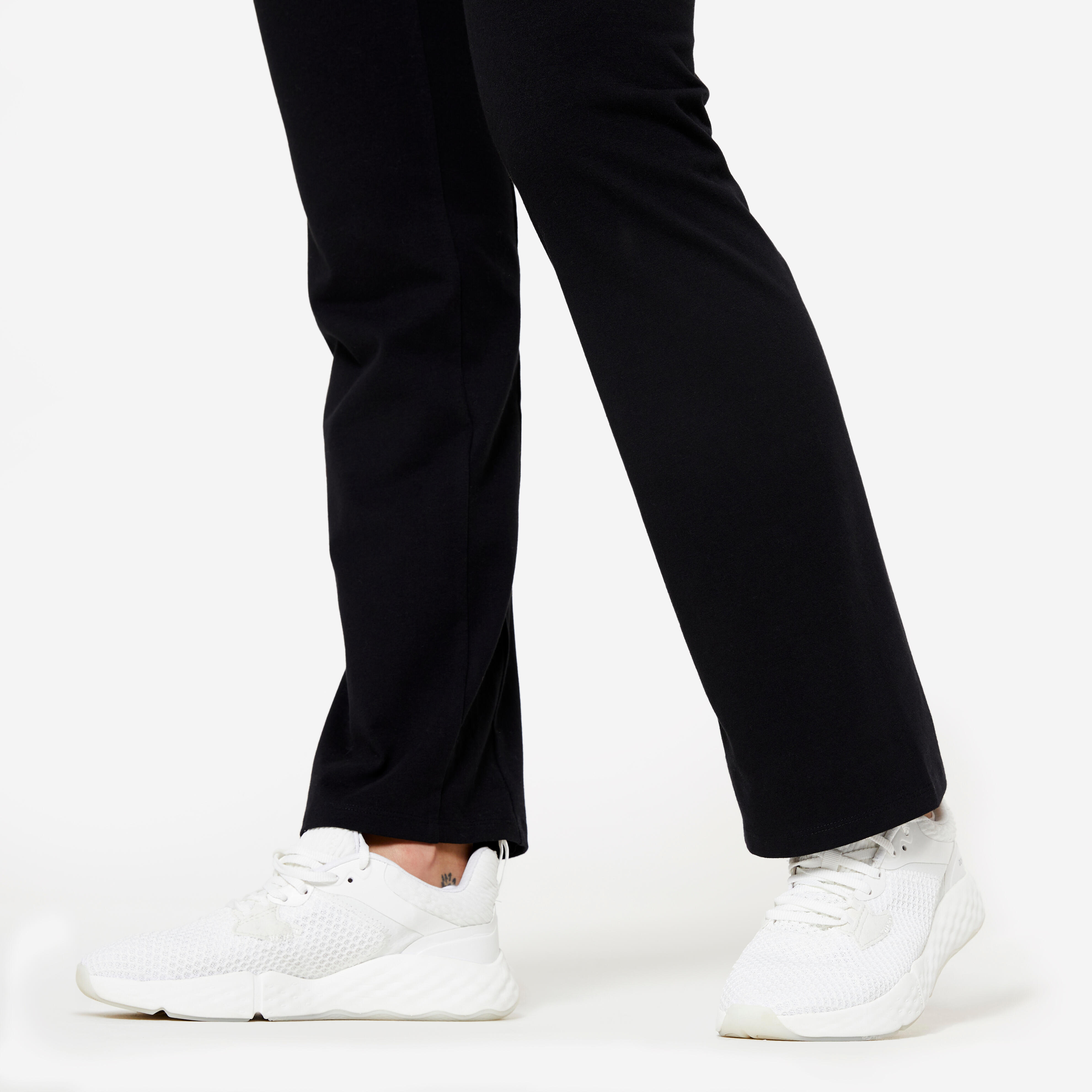 Women Gym Fitness Leggings, 100% Cotton, Flared Fit, 500 - Ultra Black