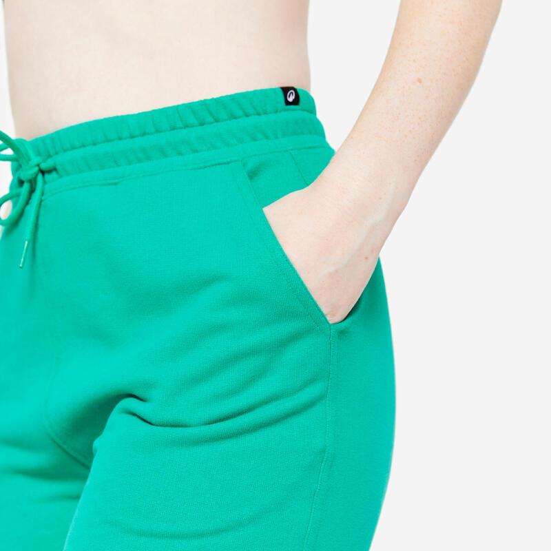 Pantaloni donna palestra 500 regular fit felpati con tasche verdi