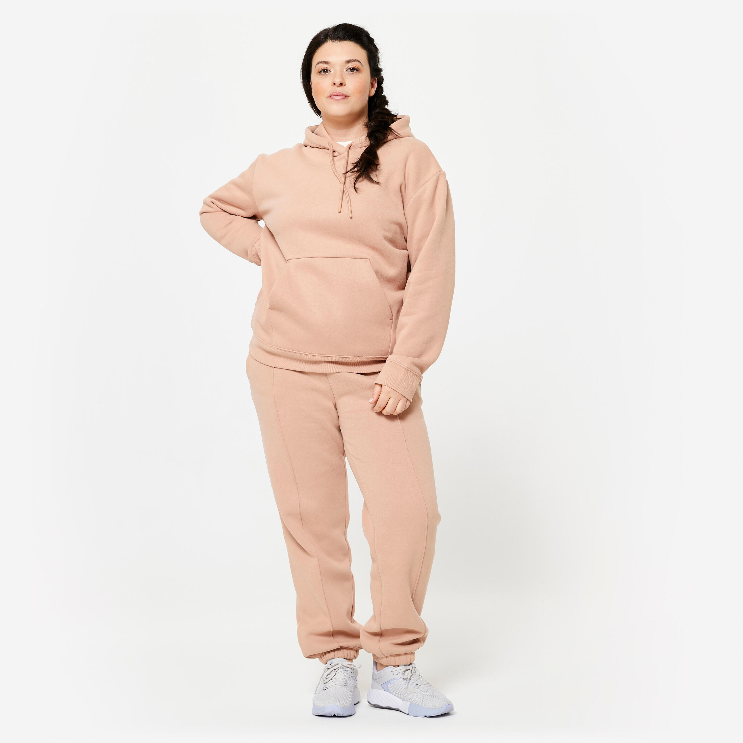 Felpa donna palestra 500 con cappuccio pesante beige 2/7