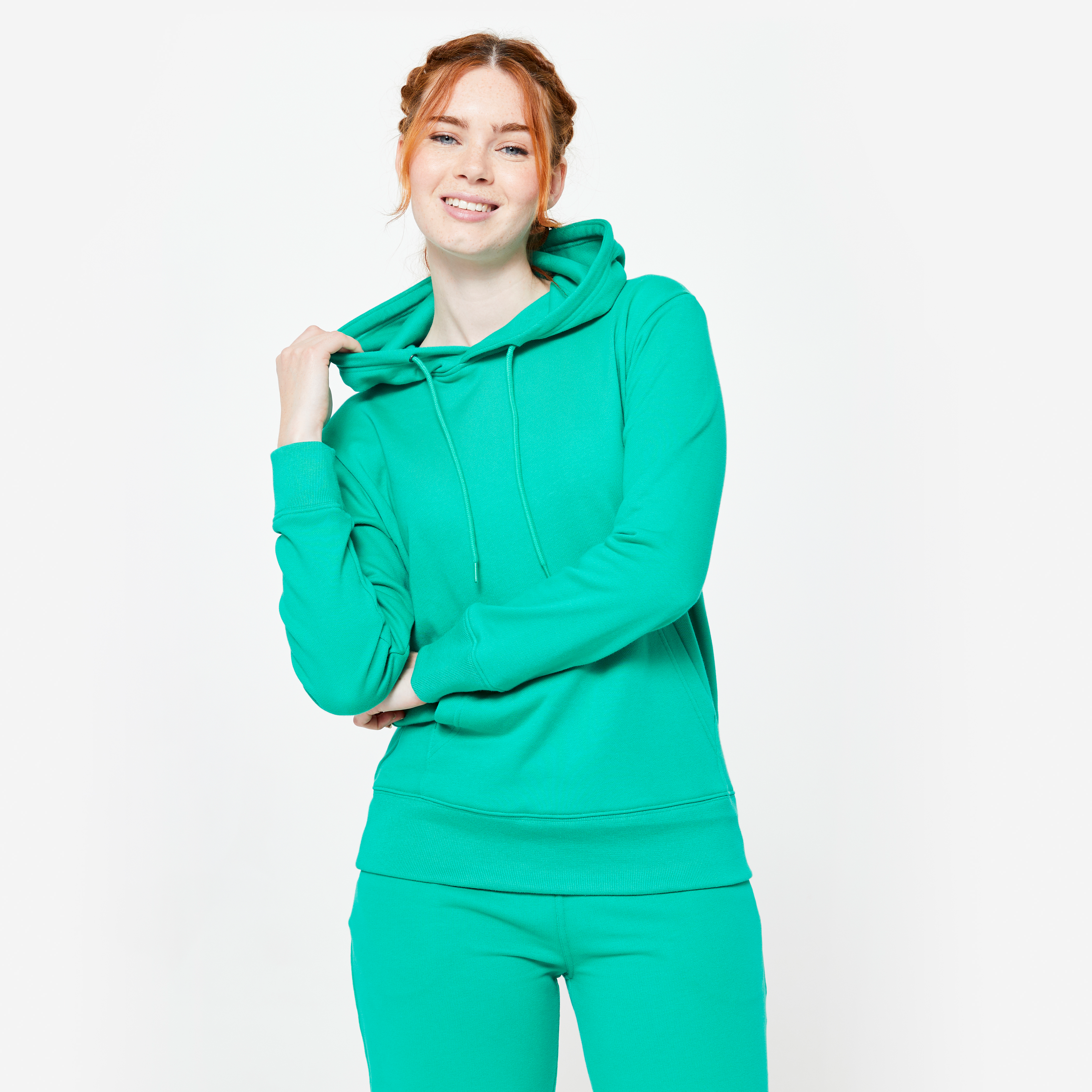 Sweat à capuche en coton long fitness femme, vert émeraude - Team Athlète JO 24 - Domyos- Clubs - Entreprises - Collectivités - Associations