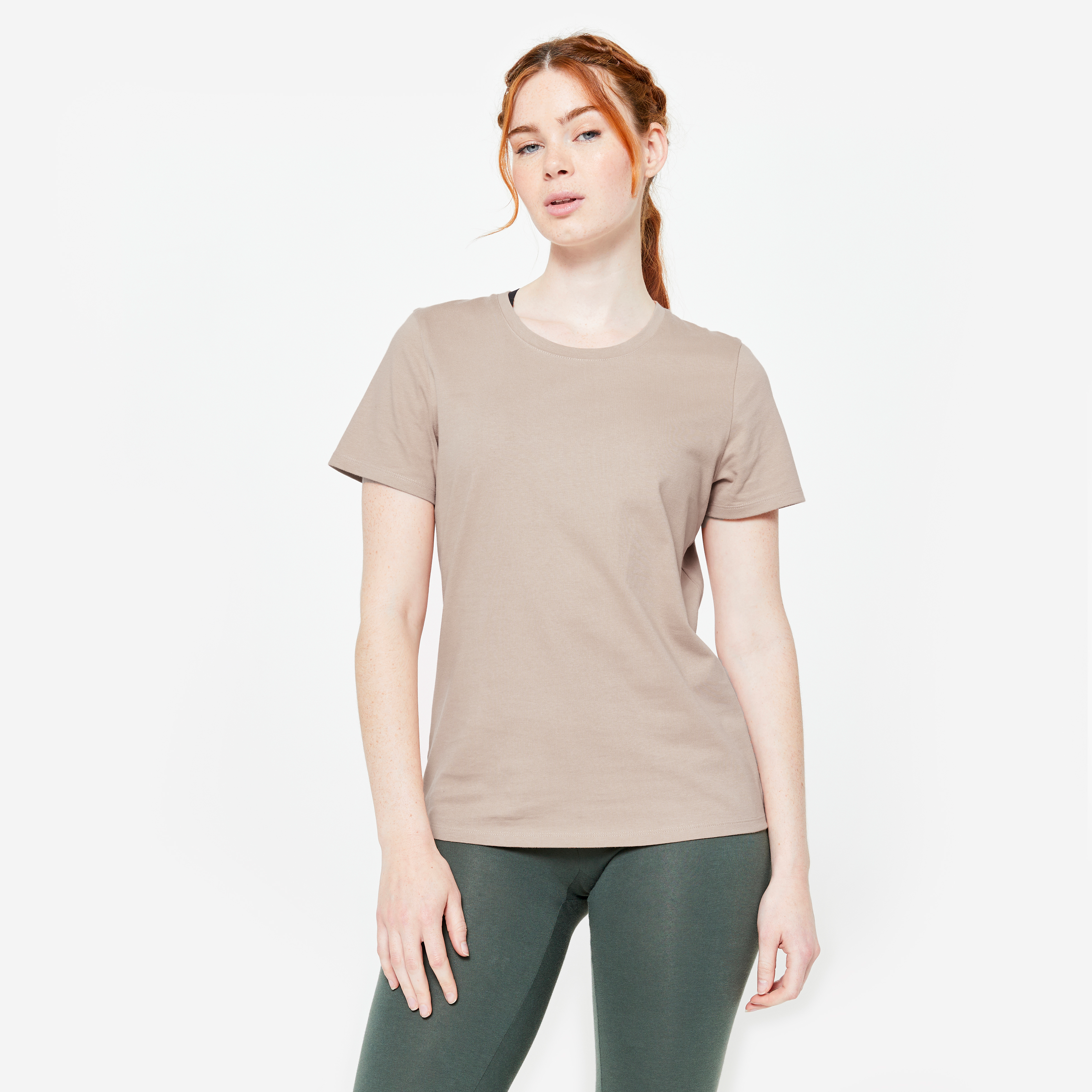 Tee-shirt en coton col rond femme, beige caramel - HAUTS - Domyos- Clubs - Entreprises - Collectivités - Associations