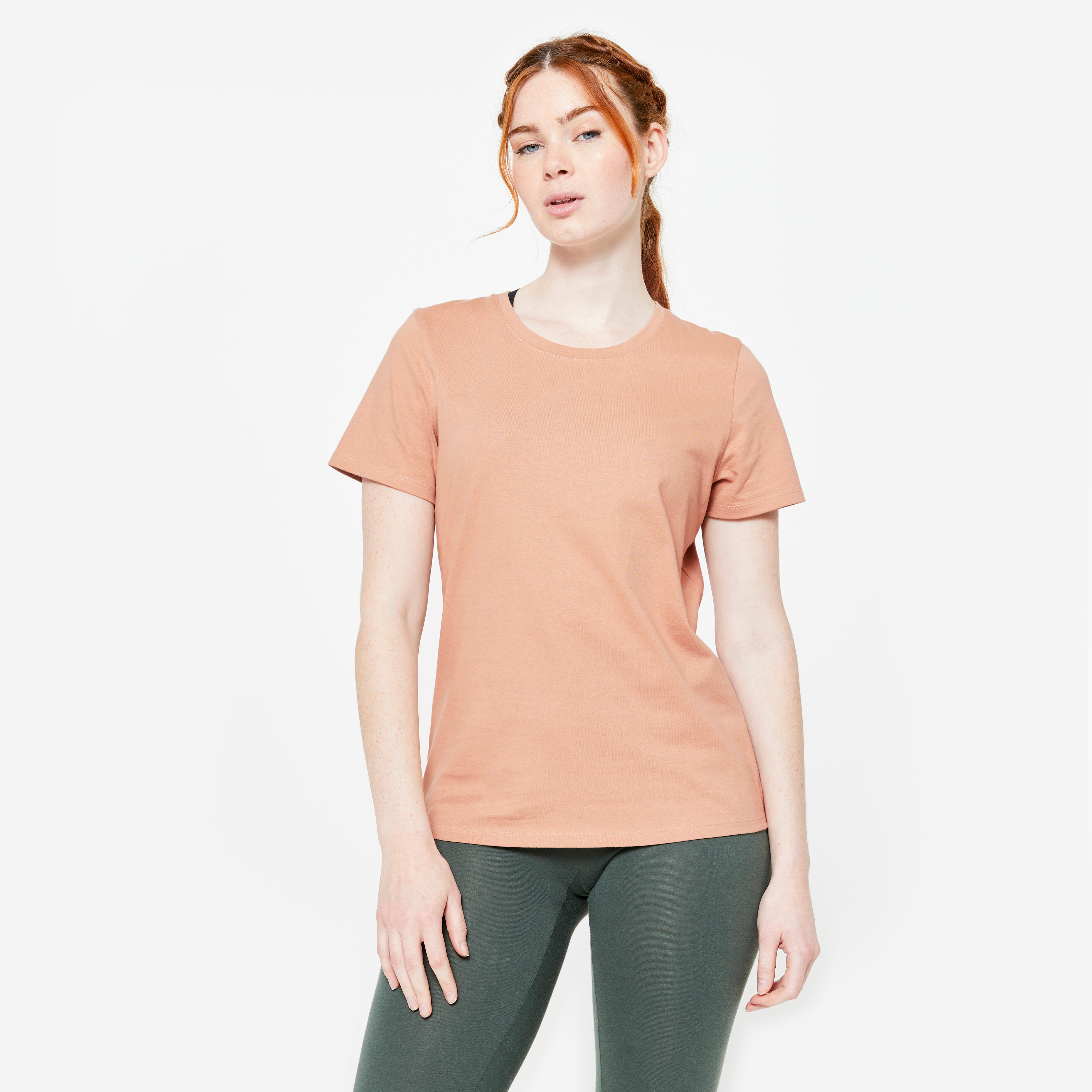 T-shirt donna in cotone con scollo rotondo, beige