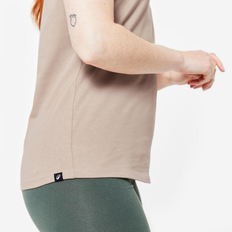 Tee-shirt en coton col rond femme, beige caramel