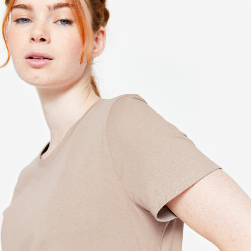Tee-shirt en coton col rond femme, beige caramel