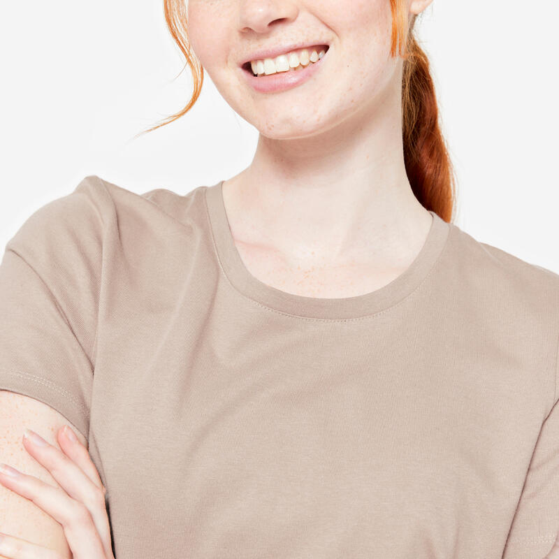 Tee-shirt en coton col rond femme, beige caramel