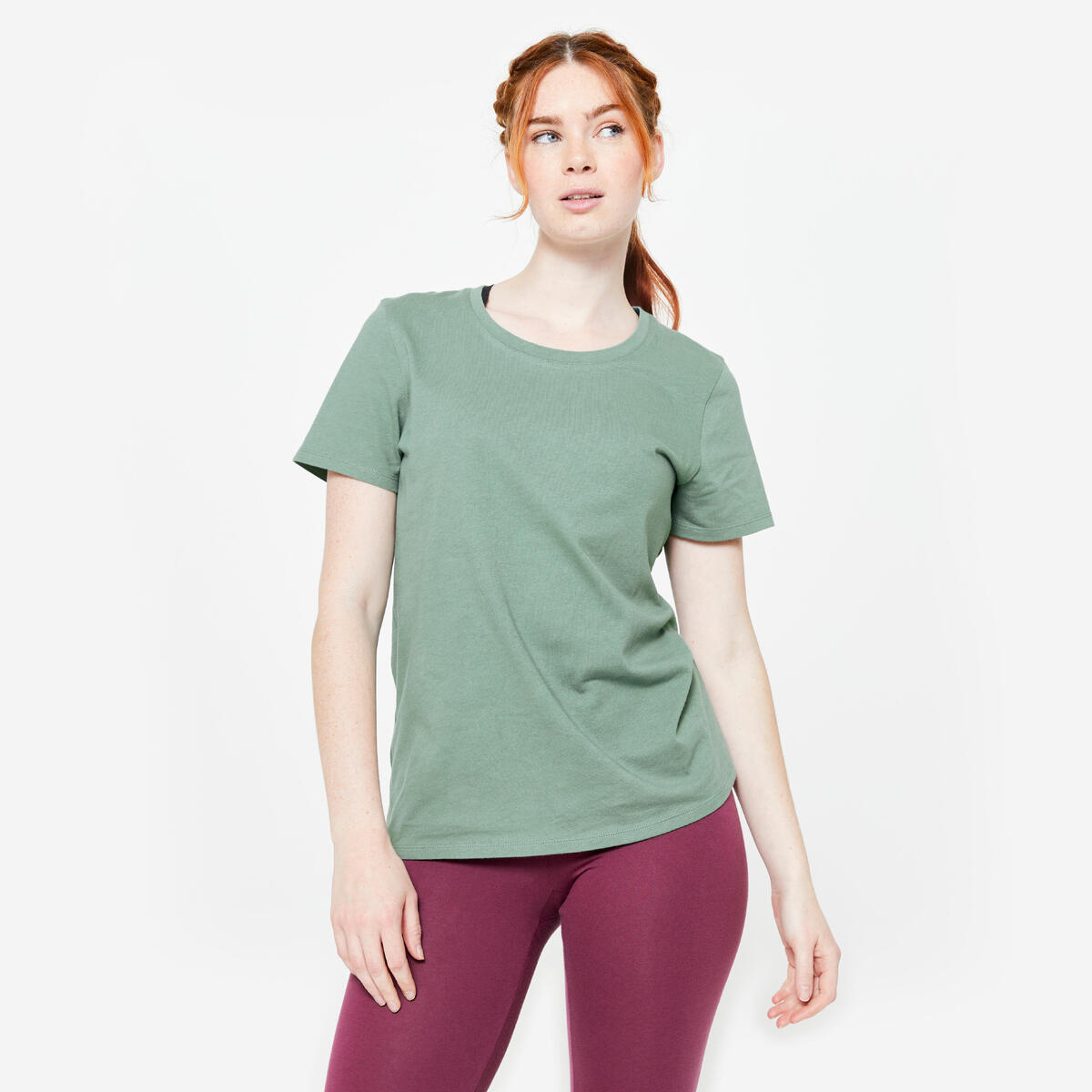 Tee-shirt en coton col rond femme, vert foncé