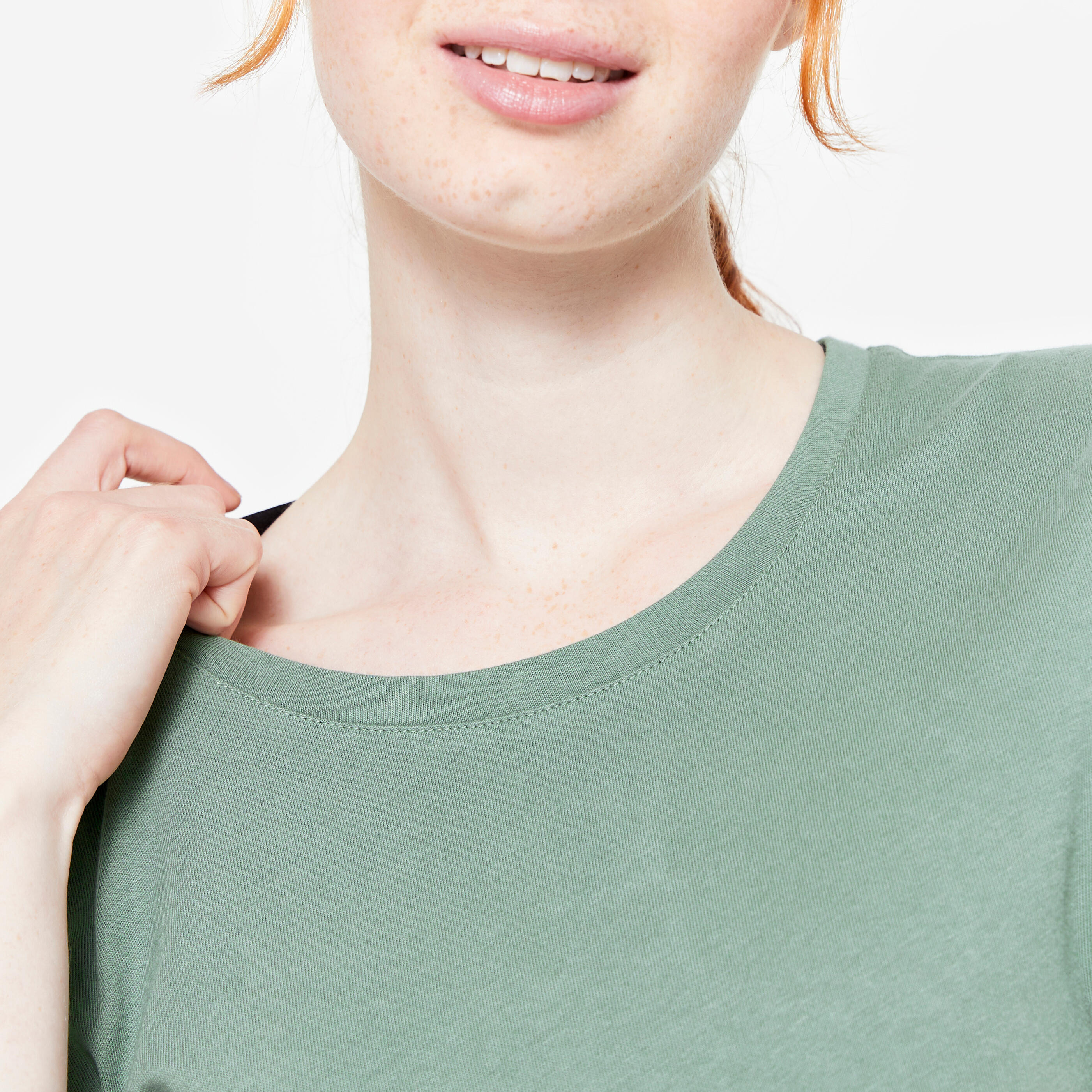 Tee-shirt en coton col rond femme, vert foncé 3/6