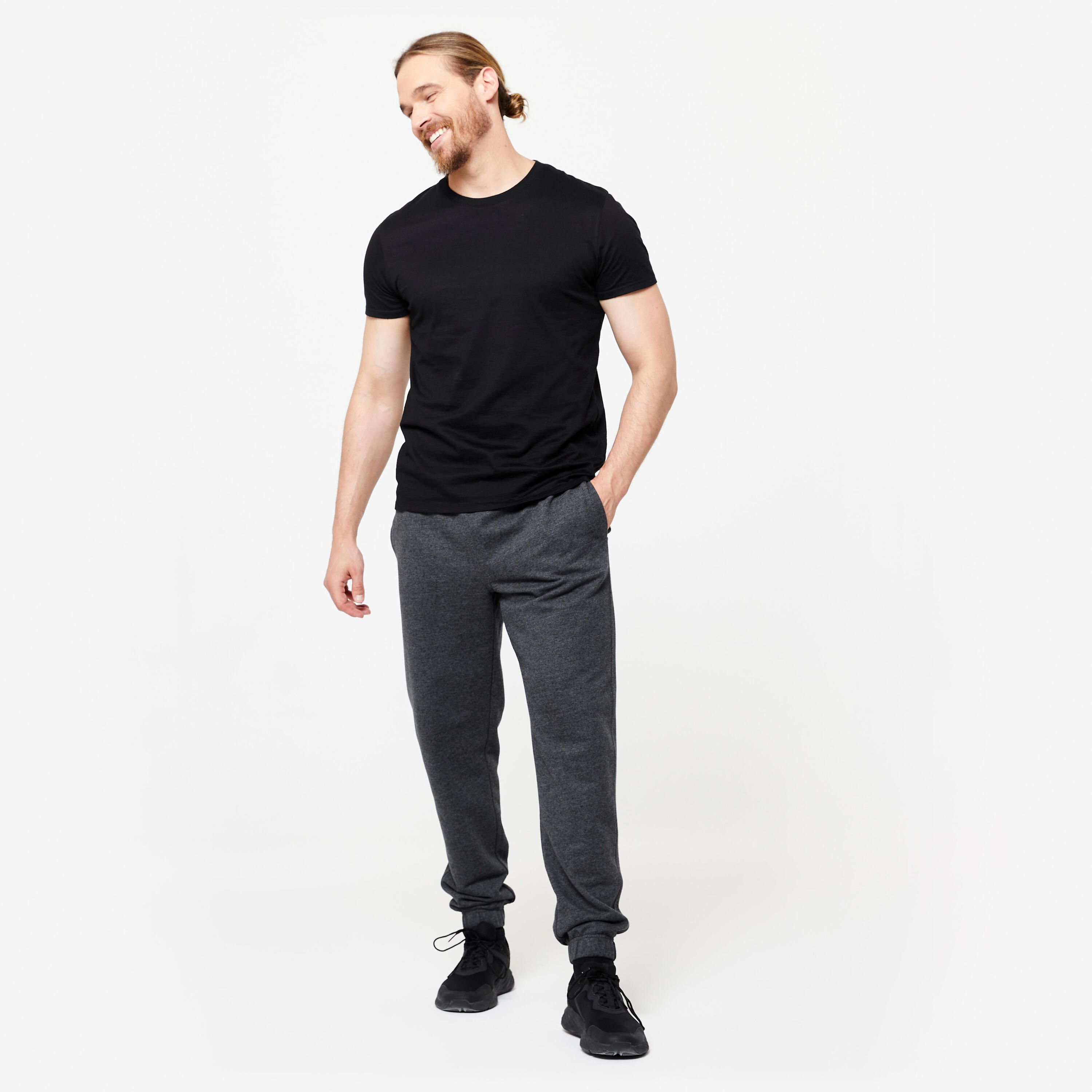 T-shirt nera uomo palestra SPORTEE 100 regular fit cotone 2/5