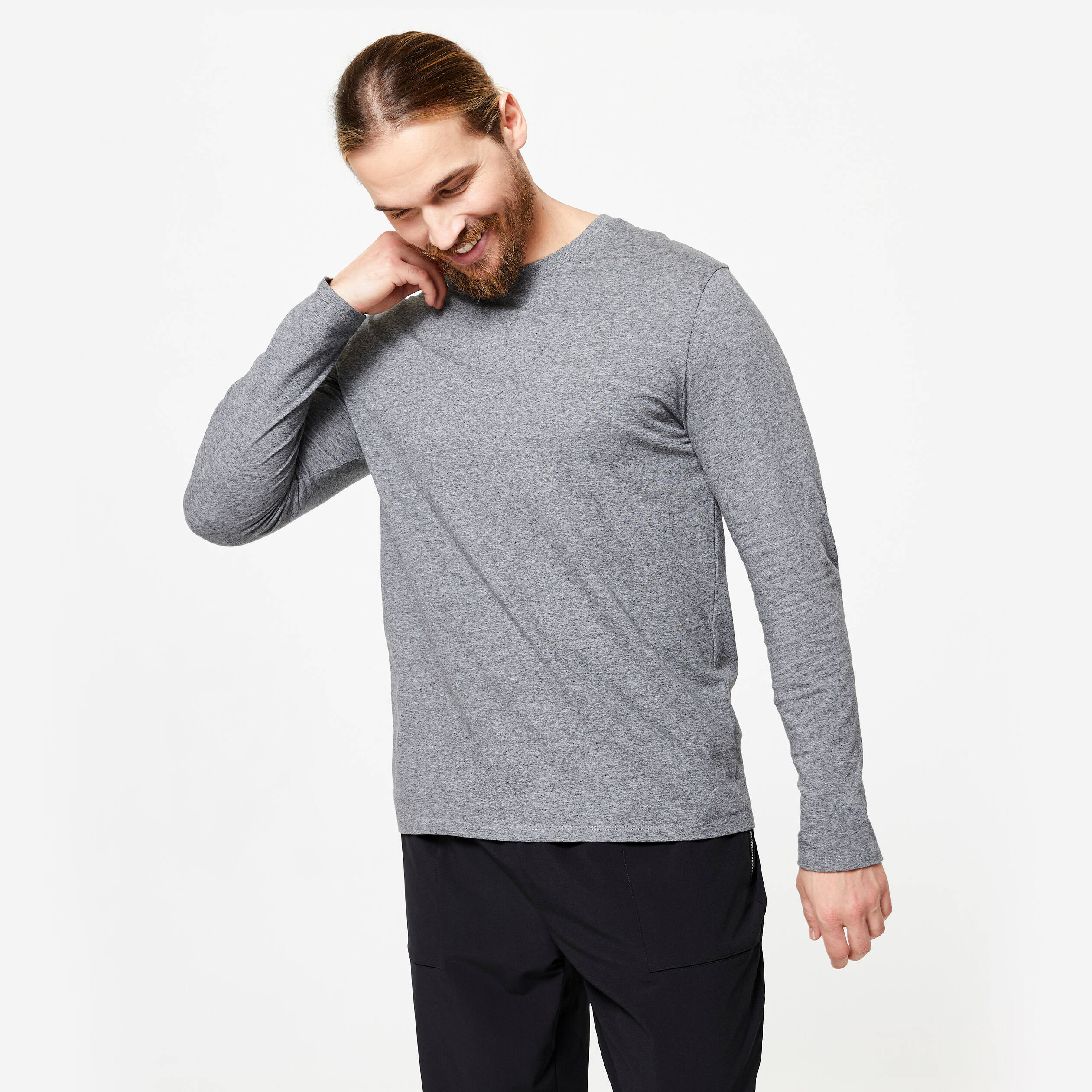 Men T-Shirt Long Sleeve Regular Fit 100 for Gym-Grey