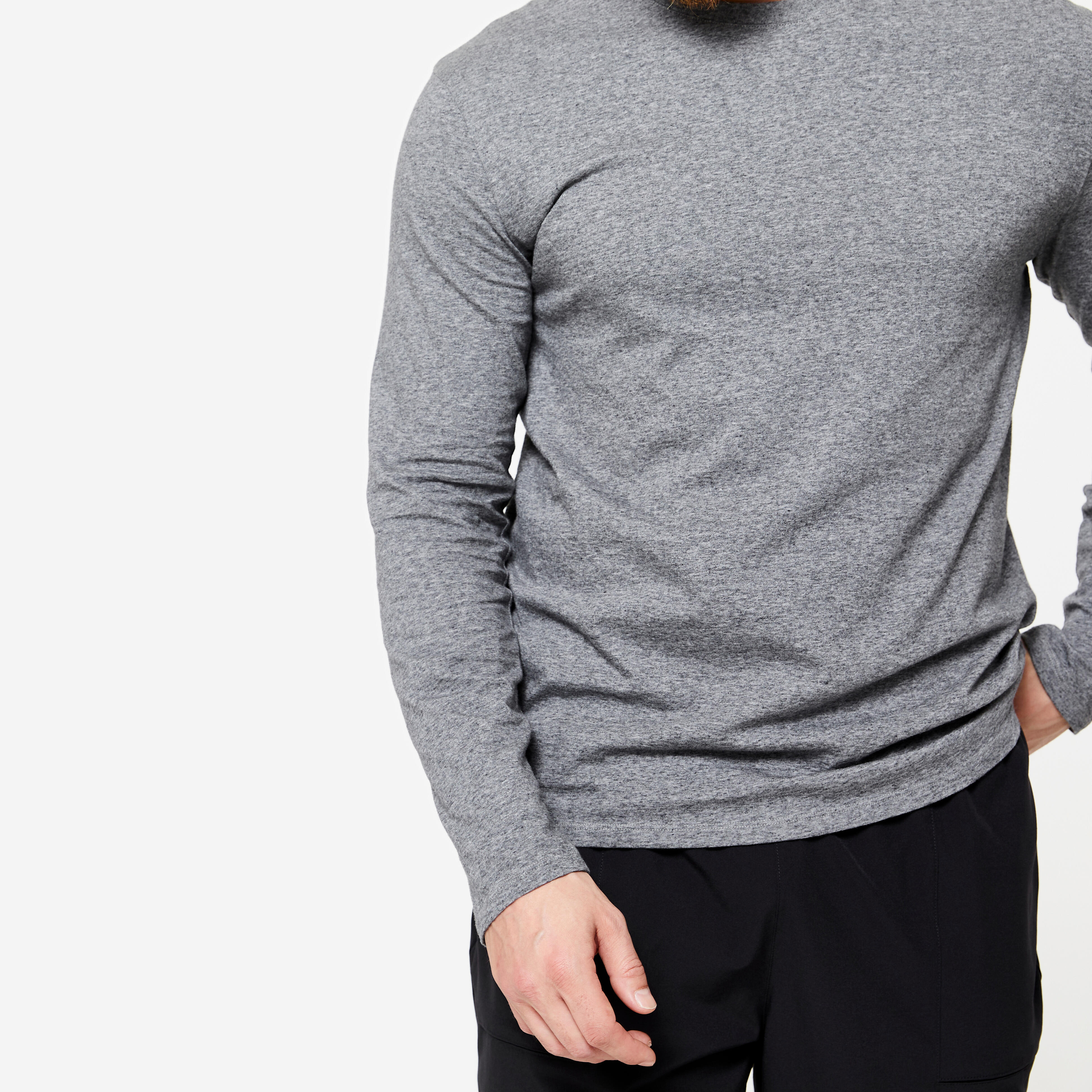 Men's long-sleeved slim cotton round-neck fitness T-shirt grey