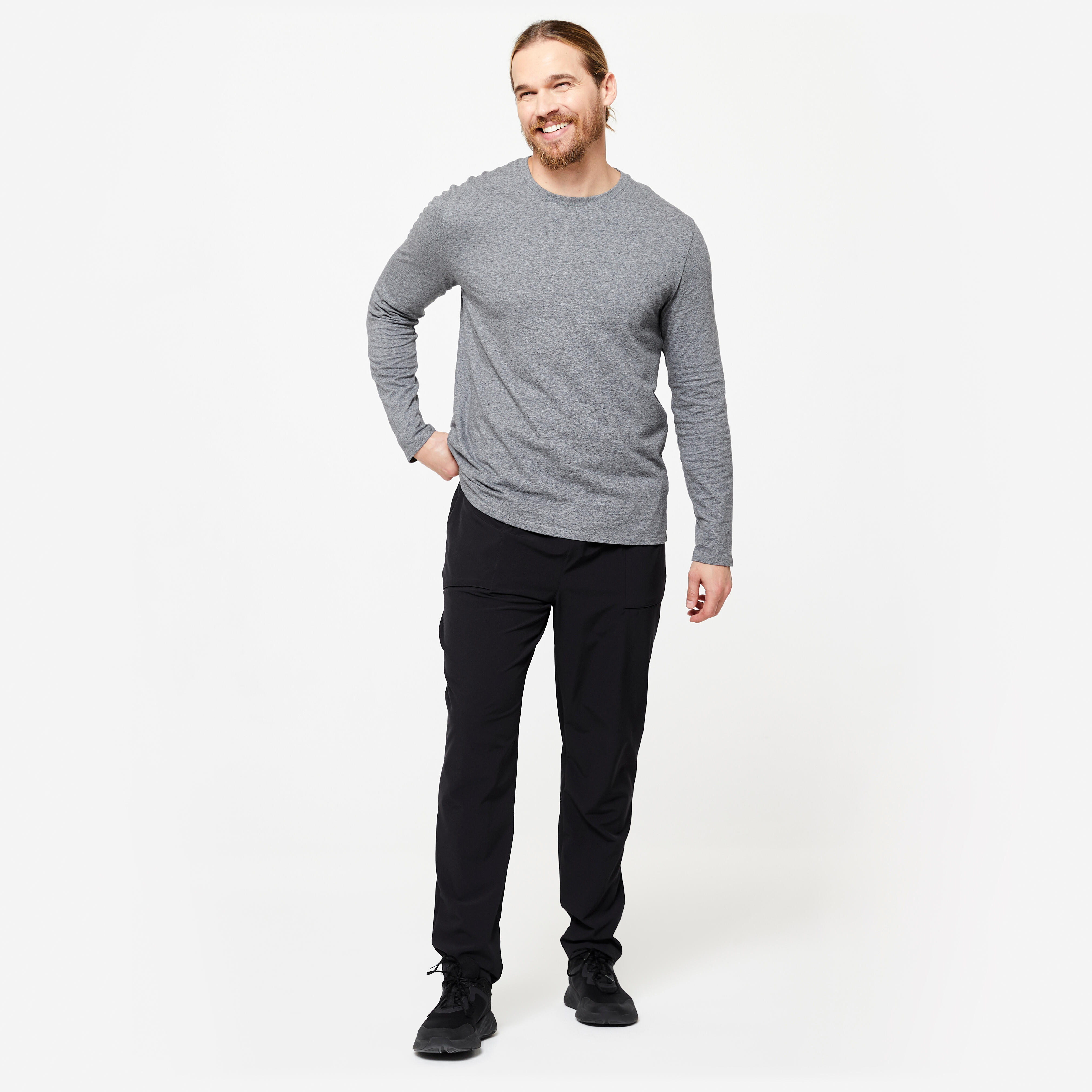 Men T-Shirt Long Sleeve Regular Fit 100 for Gym-Grey