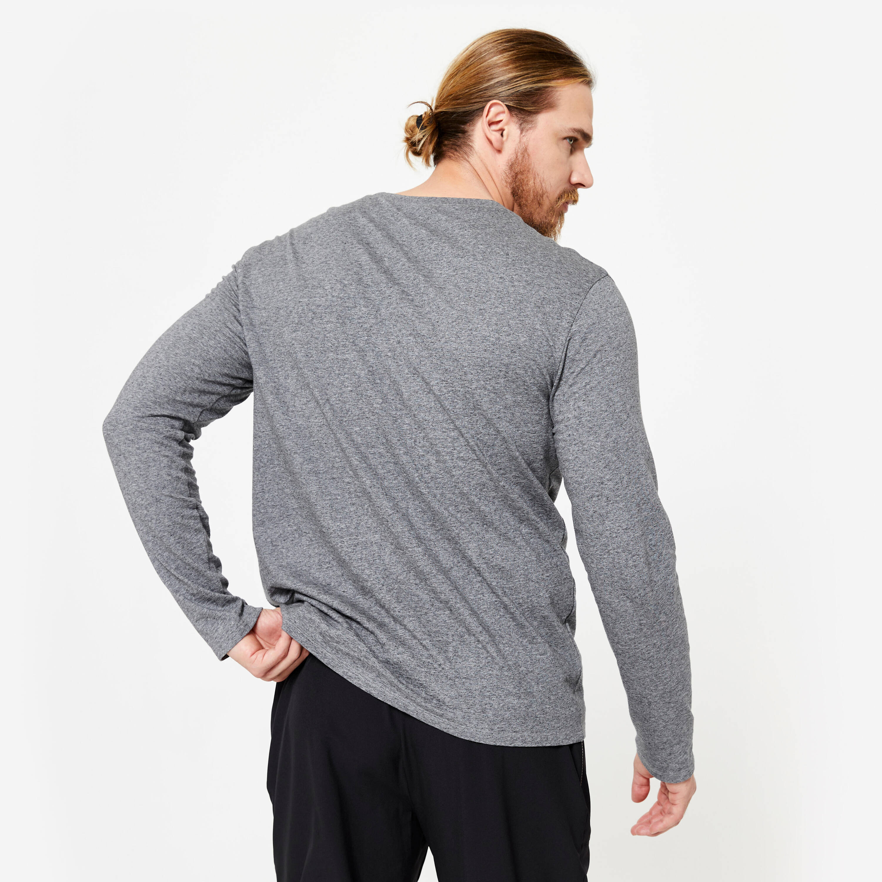 Men T-Shirt Long Sleeve Regular Fit 100 for Gym-Grey -  4