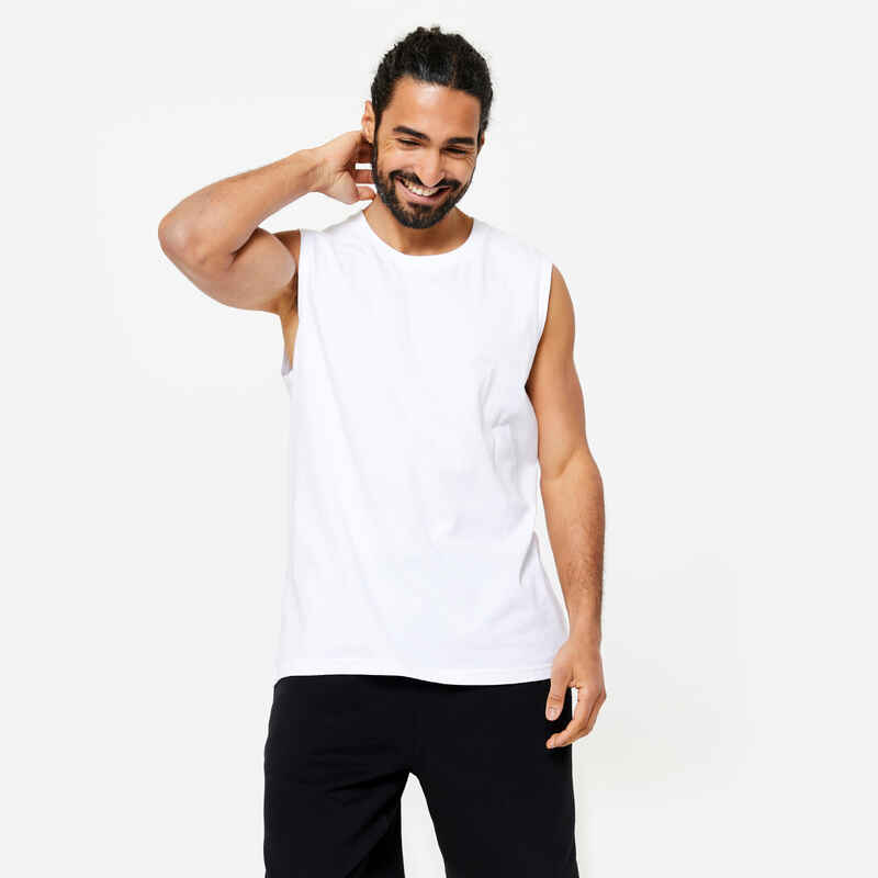 Men's Stretchy Fitness Tank Top 500 - White