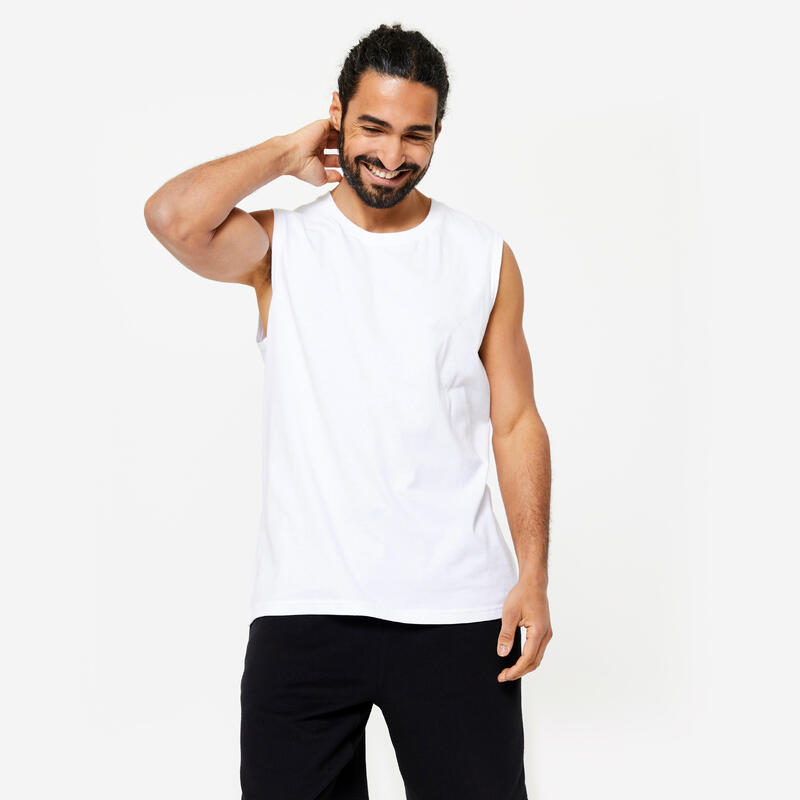 Camiseta fitness sin mangas tirantes cuello redondo algodón Domyos 500 blanco