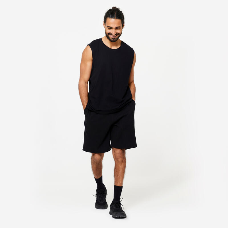 Camiseta fitness sin mangas tirantes cuello redondo algodón Domyos 500 negro