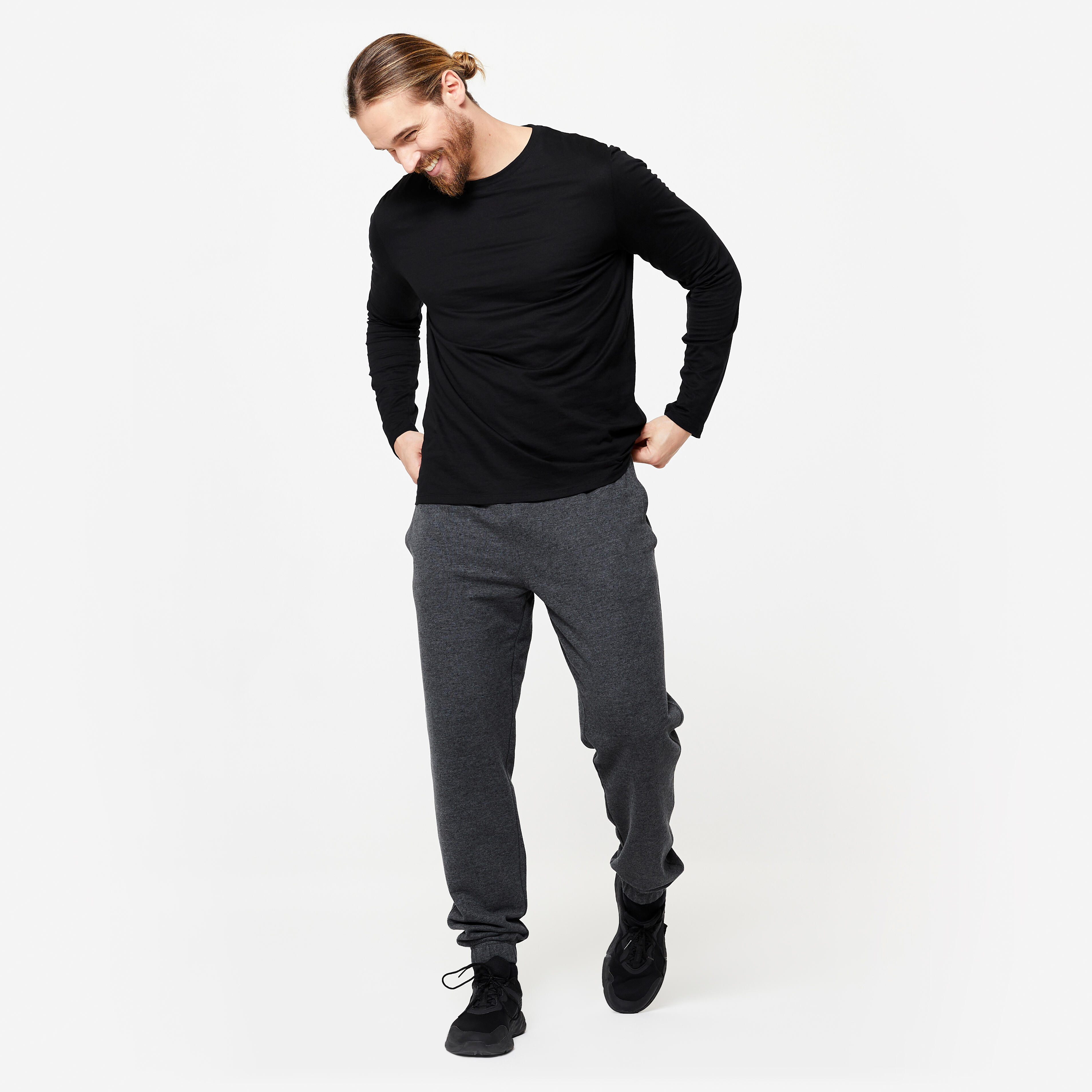 Camiseta fitness manga larga algodon cuello redondo Hombre Domyos gris Decathlon