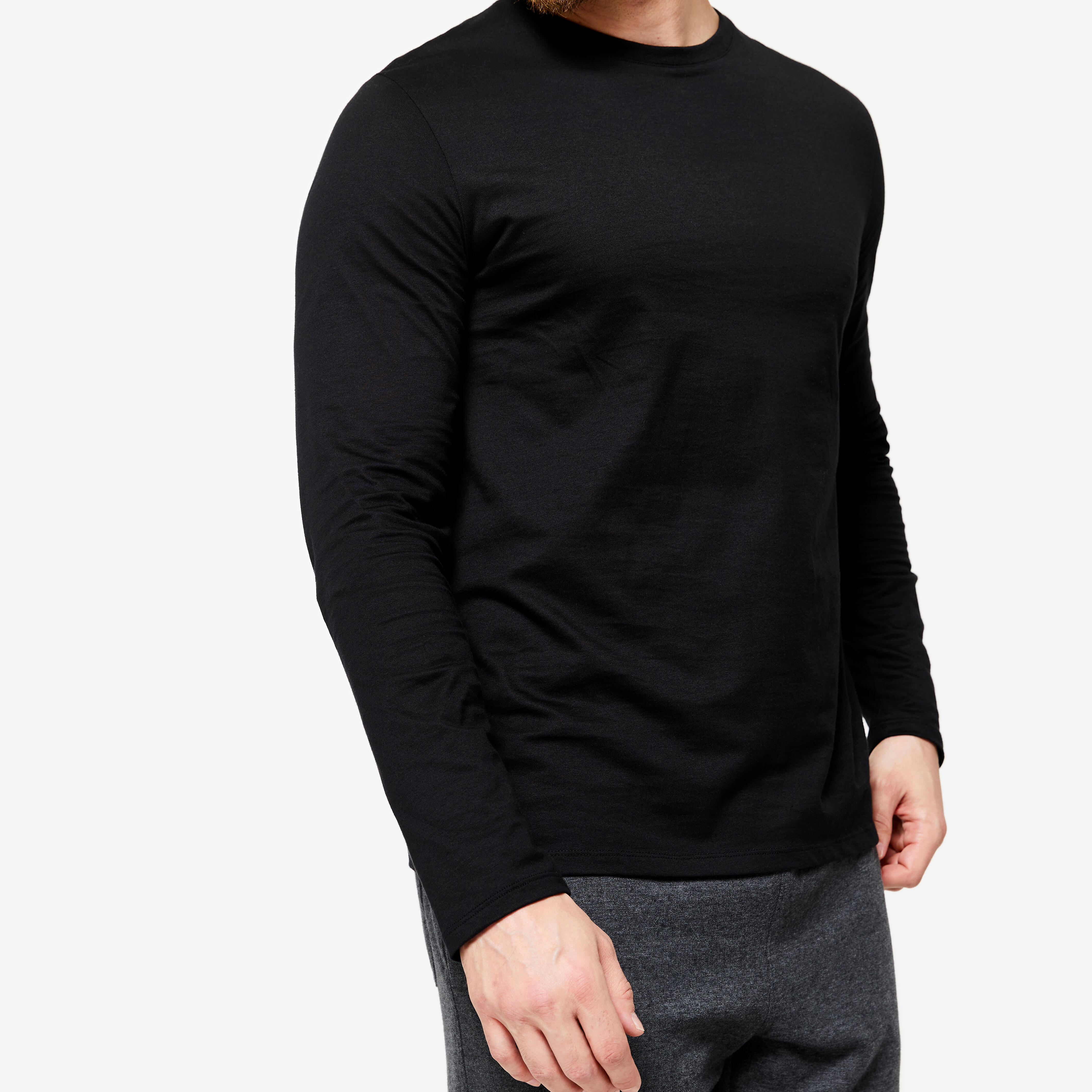 Men T-Shirt Long Sleeve Regular Fit 100 for Gym-Black