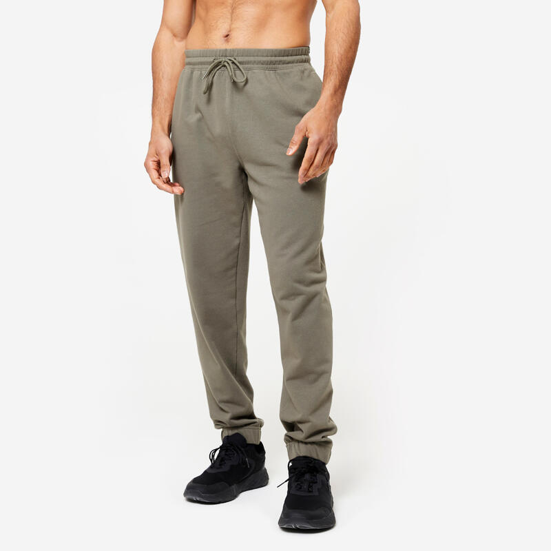 Pantaloni uomo fitness 500 ESSENTIALS regular misto cotone verde militare