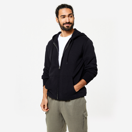 Sweat zippé à capuche de fitness en molleton homme, noir
