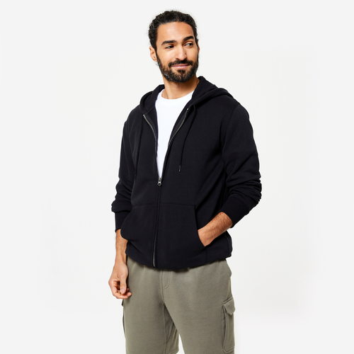Sweat zippé à capuche de fitness en molleton homme, noir