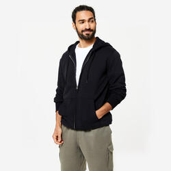 Sweat zippé à capuche de fitness en molleton homme, vert kaki