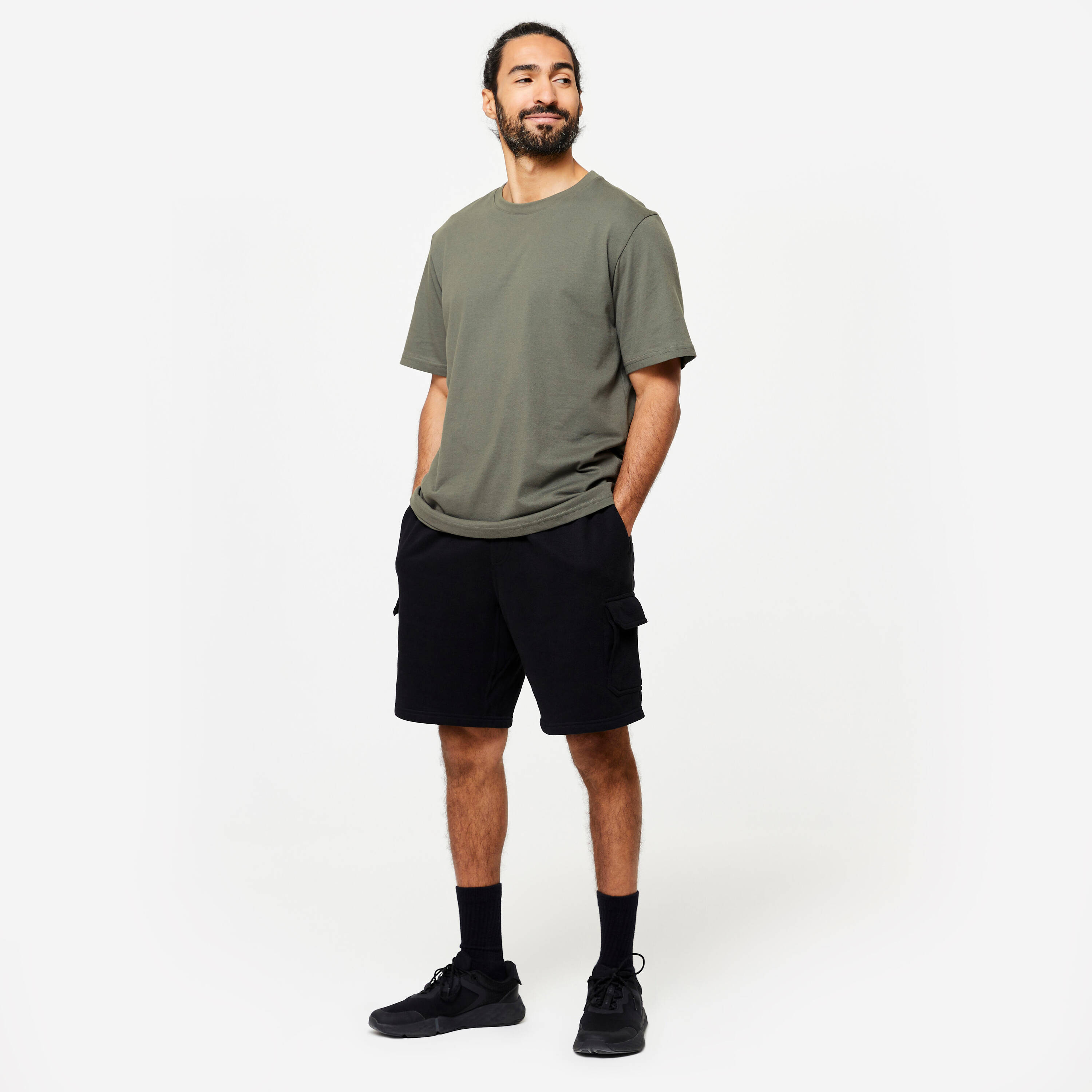 Men's Gym T-Shirt Cotton 500 Essentials-Grey Khaki -  3