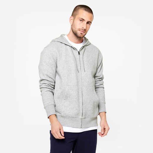 Men's Fleece Zip-Up Fitness Hoodie Light Grey Decathlon