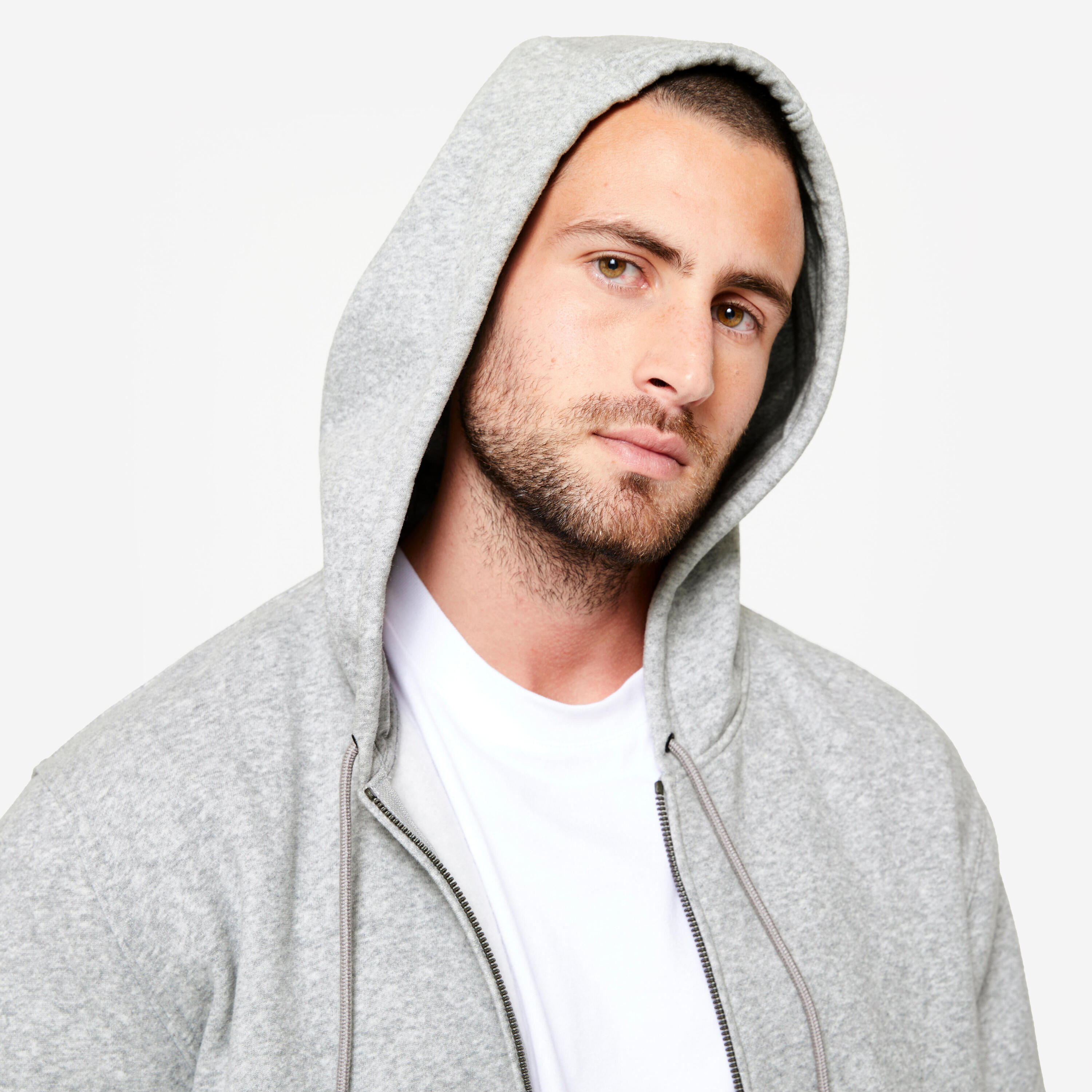 Molton capuchonvest voor fitness heren lichtgrijs 3/7