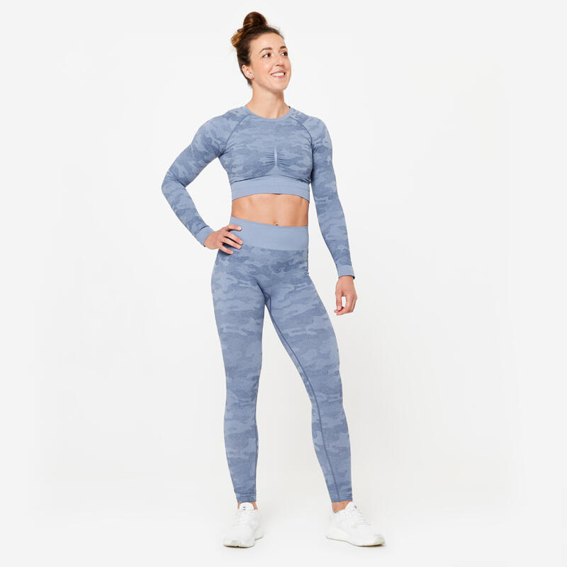 Tee-shirt crop top manches longues femme, bleu