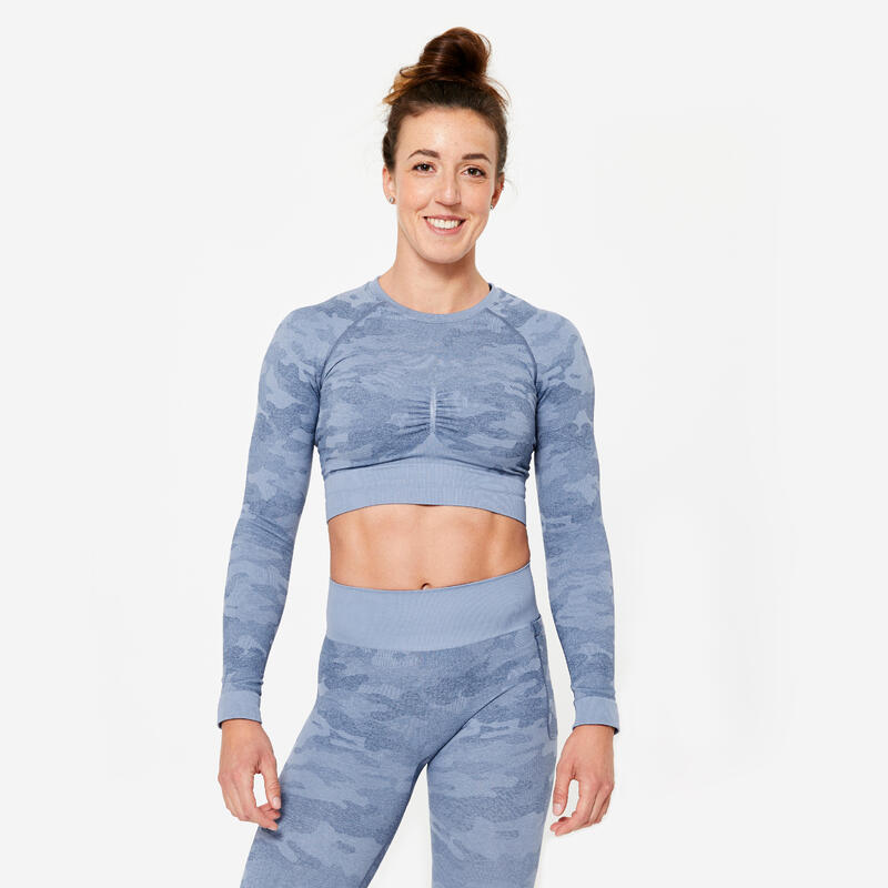 Crop-top dames-T-shirt met lange mouwen voor cardiofitness blauw