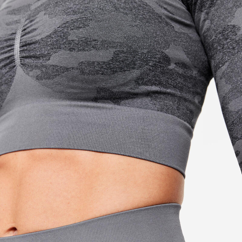 Crop-top dames-T-shirt met lange mouwen voor cardiofitness grijs