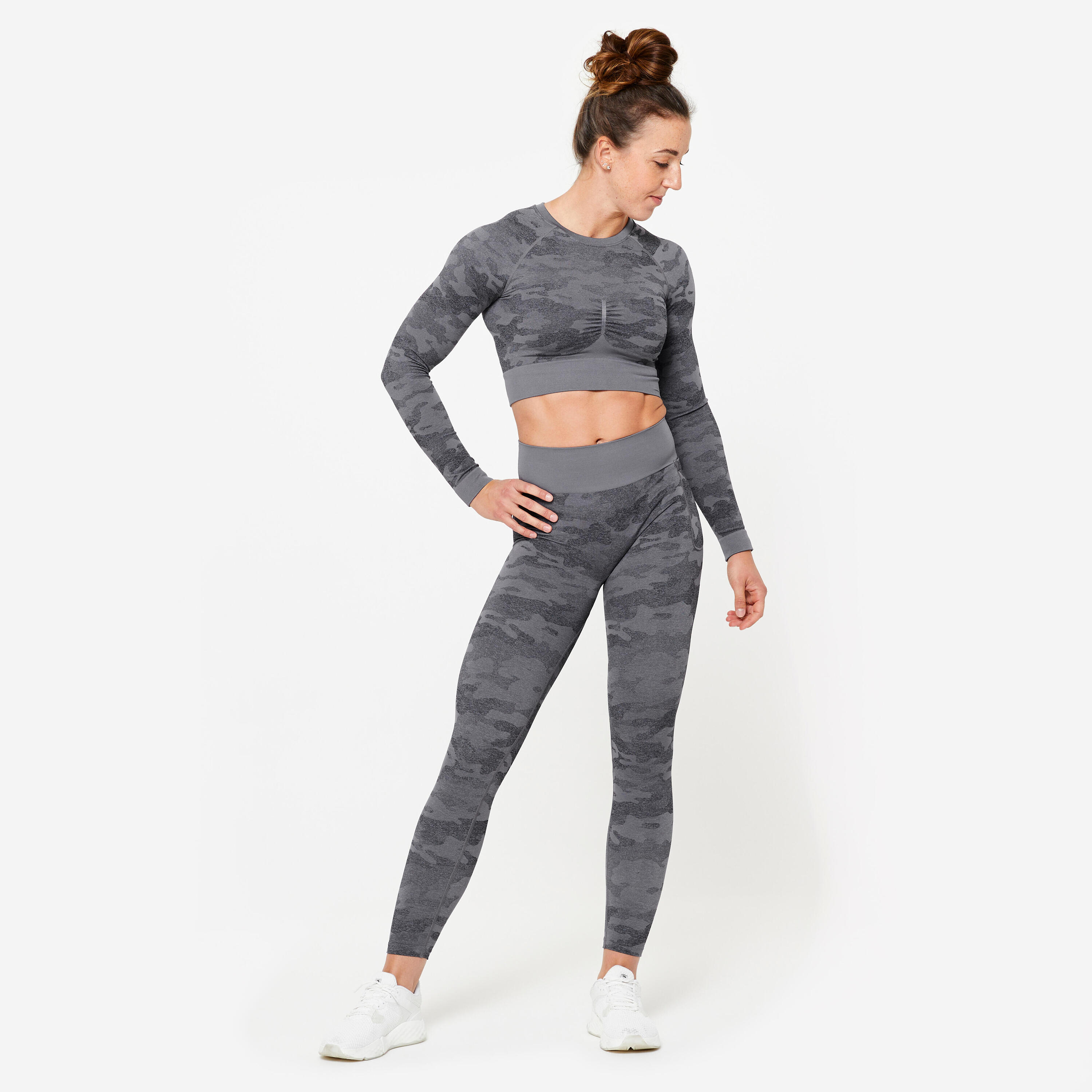 Tee-shirt crop top manches longues femme, gris 2/8