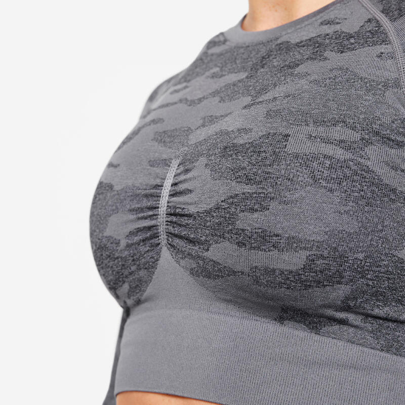 Crop-top dames-T-shirt met lange mouwen voor cardiofitness grijs