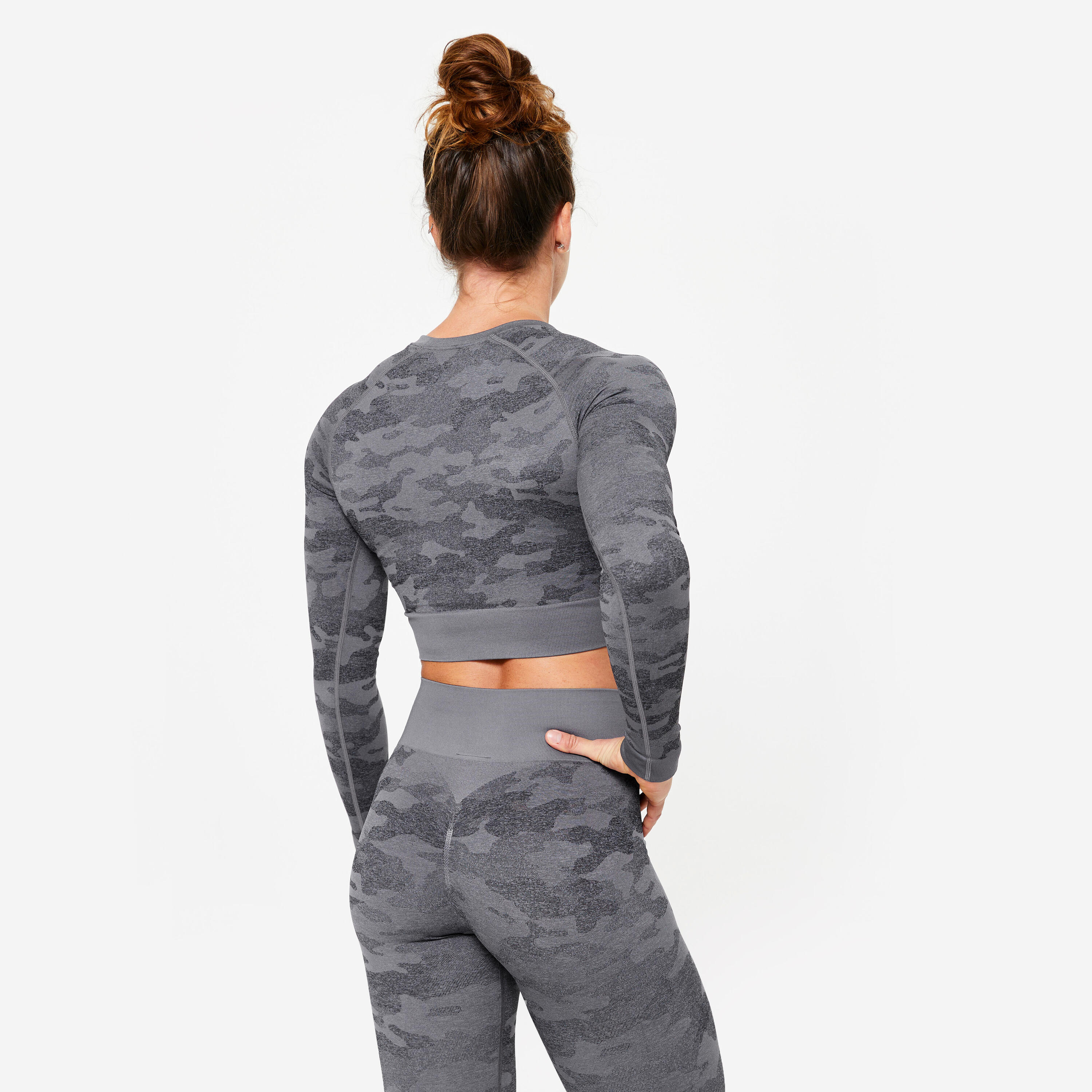 Tee-shirt crop top manches longues femme, gris 4/8