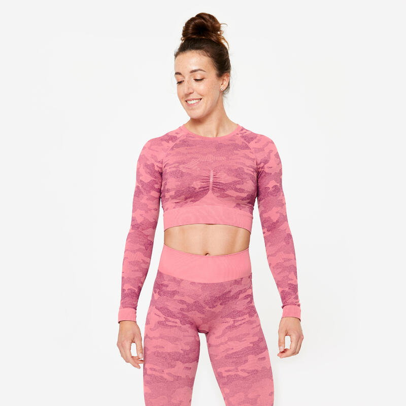 Crop-top dames-T-shirt met lange mouwen voor cardiofitness roze