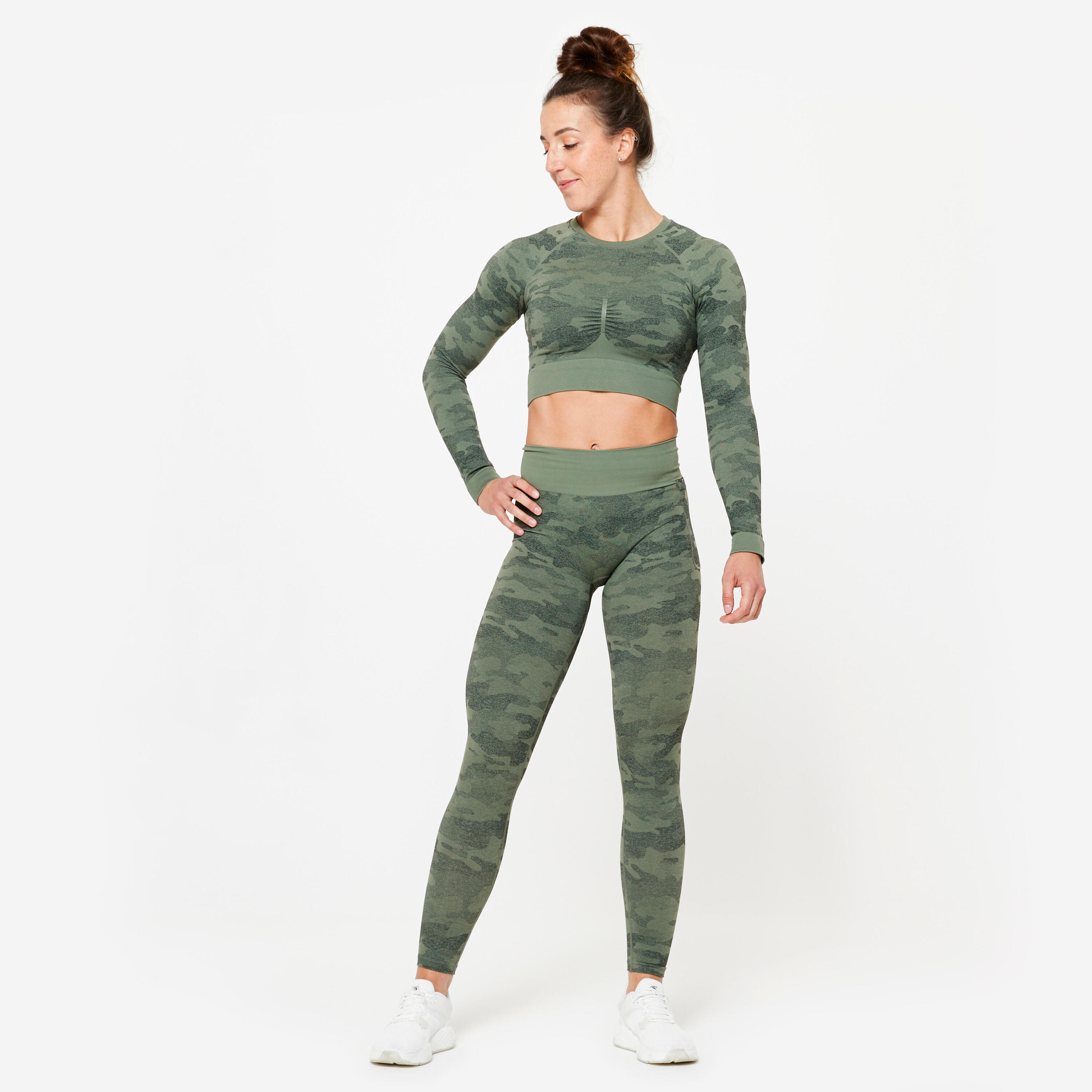 Tee-shirt crop top manches longues femme, vert 2/8