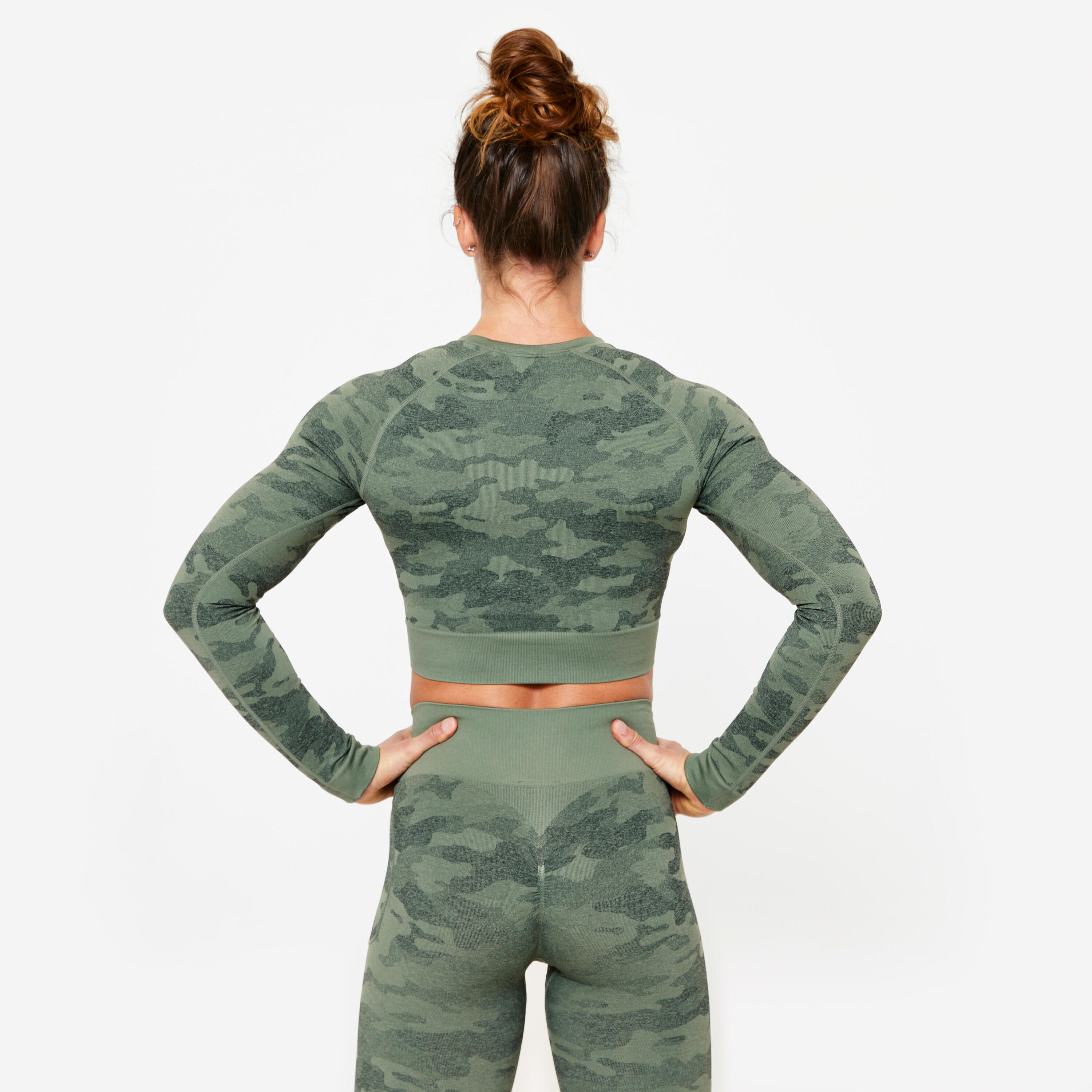 Tee-shirt crop top manches longues femme, vert 4/8