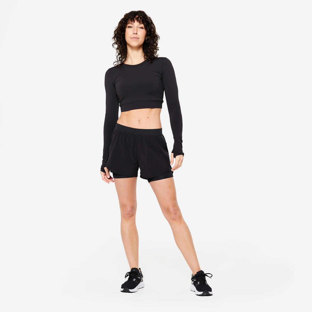 Short de fitness 2 en 1 para Mujer Domyos 900 verde claro/multicolor