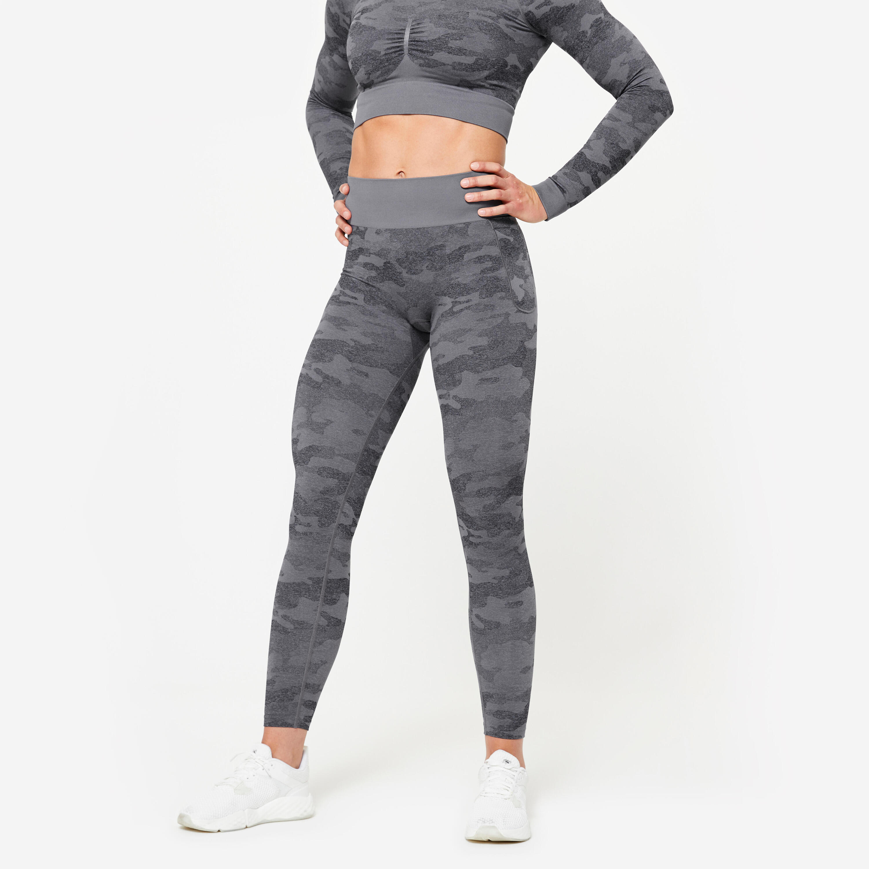 DOMYOS Leggings donna palestra modellanti senza cuciture traspiranti grigi