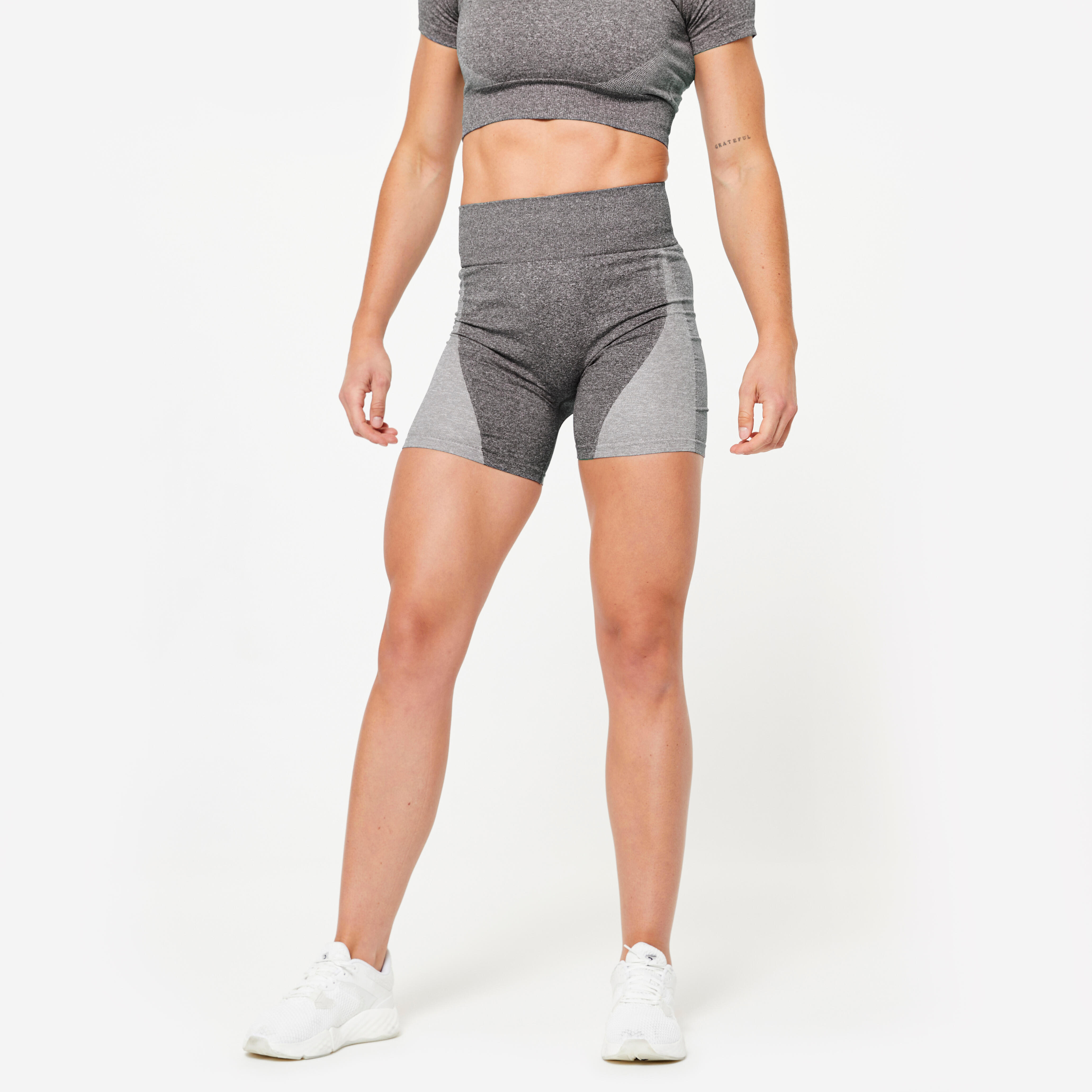 Leggings mallas ciclista fitness talle alto sin costuras Mujer gris Decathlon