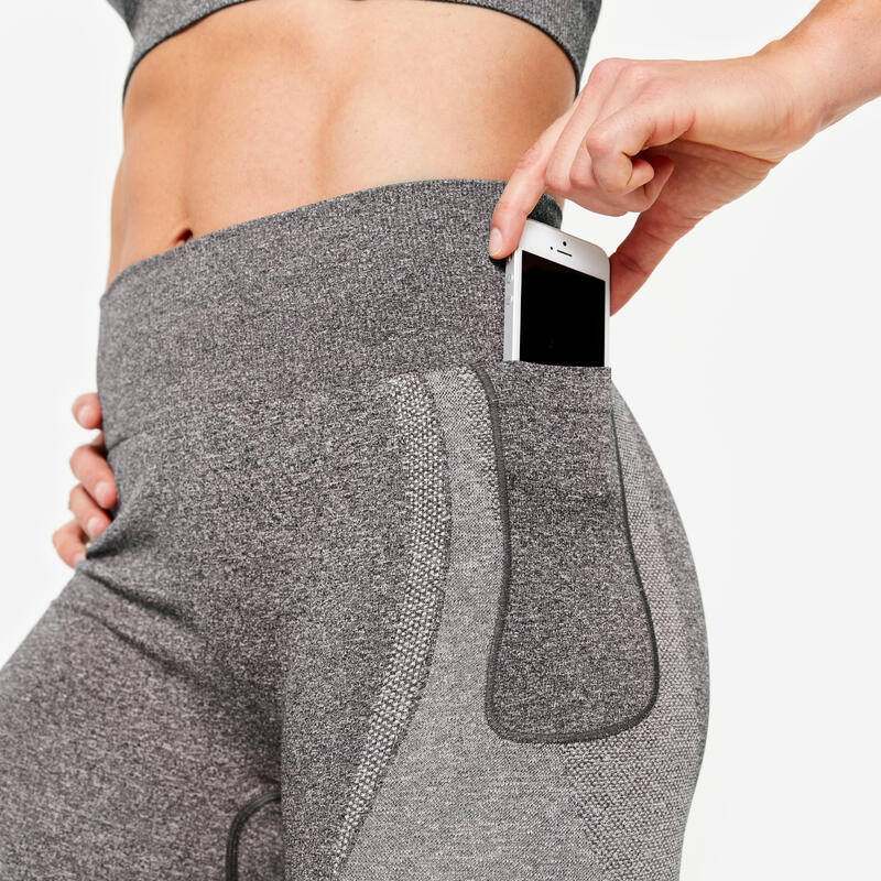 Dámské fitness legíny bezešvé s vysokým pasem a kapsičkou na telefon šedé