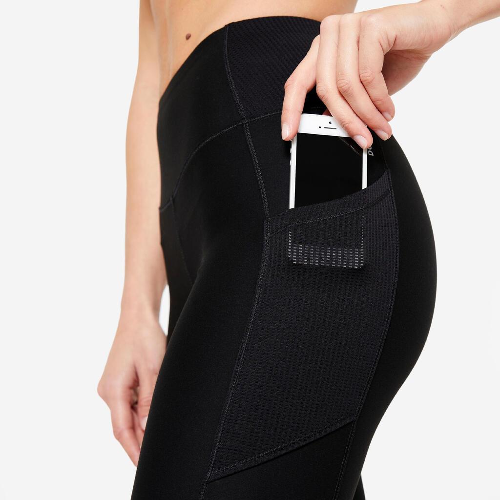 Women's Fitness Cardio Leggings with Phone Pocket - Black/Grey Print