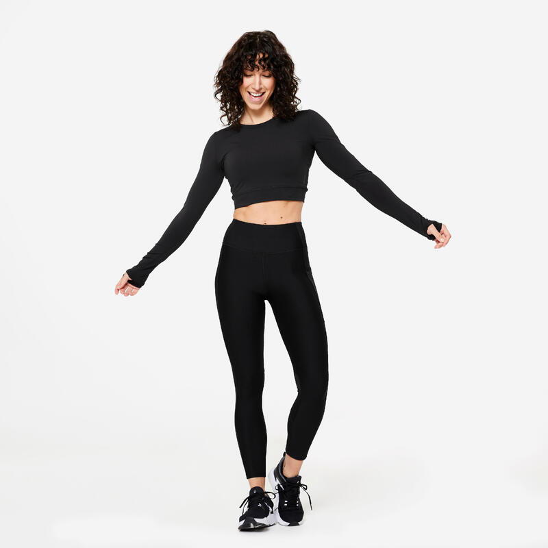 Crop top met lange mouwen voor cardiofitness voor dames zwart