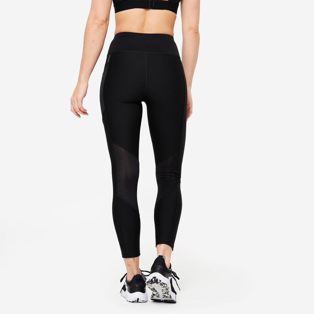 Women's Fitness Cardio Leggings with Phone Pocket - Black/Grey Print