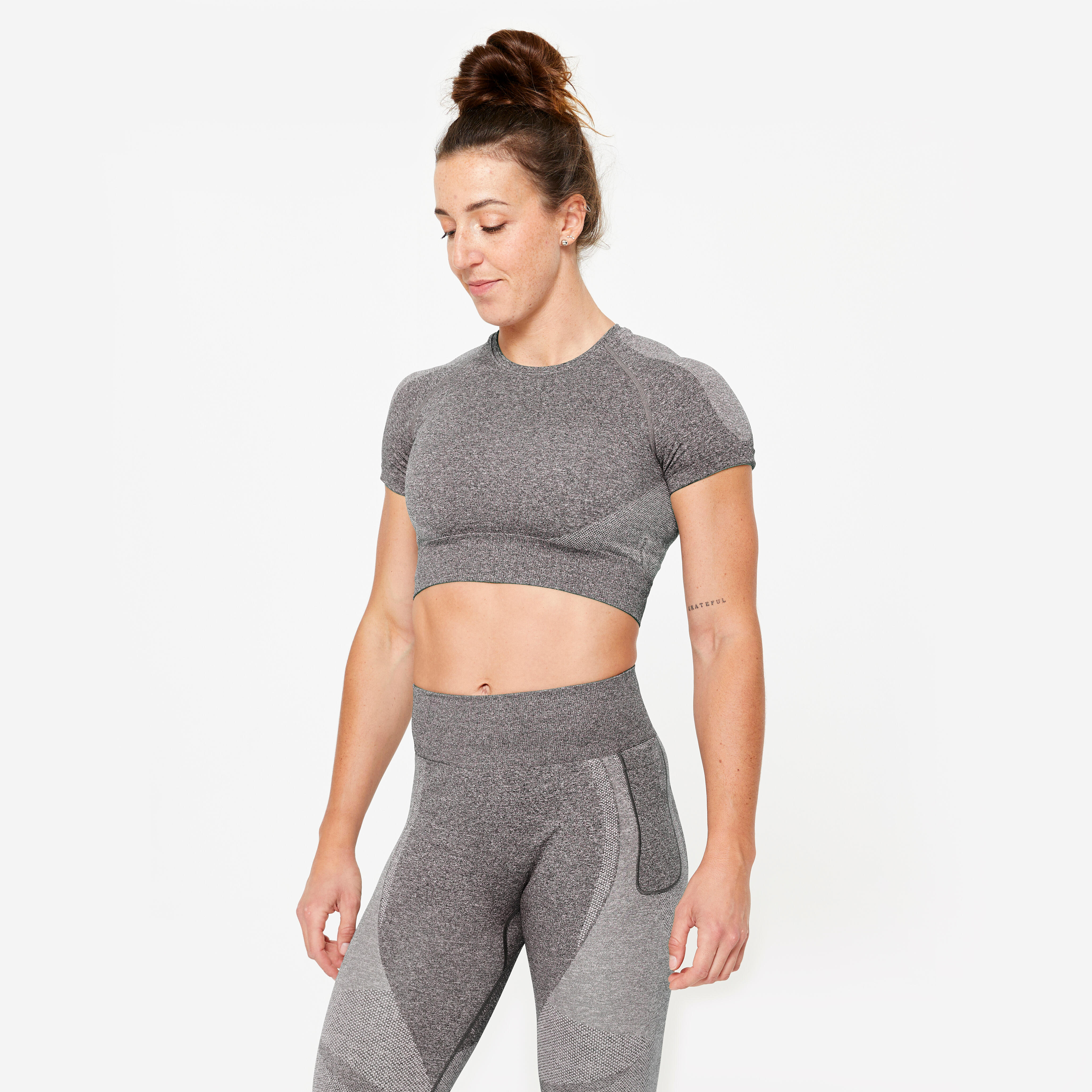 Tricou seamless 900 Fitness Crop Top fără cusături Gri Damă