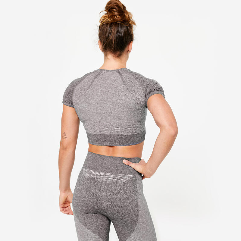 Tricou seamless 900 Fitness Crop Top fără cusături Gri Damă  
