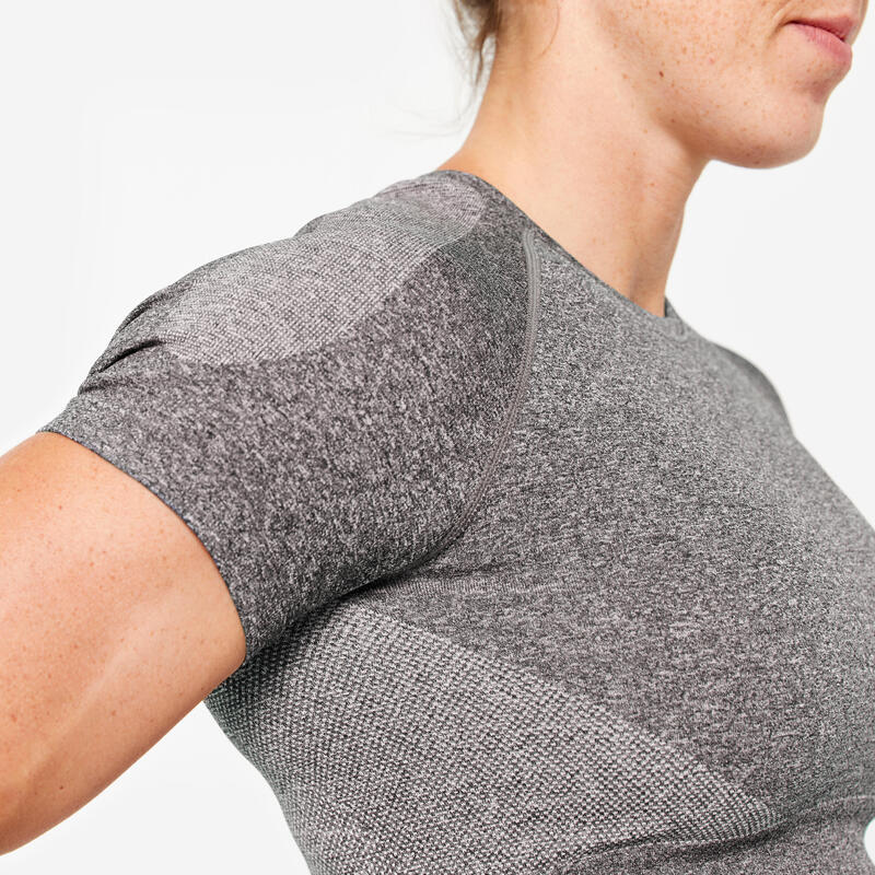 Tricou seamless 900 Fitness Crop Top fără cusături Gri Damă  